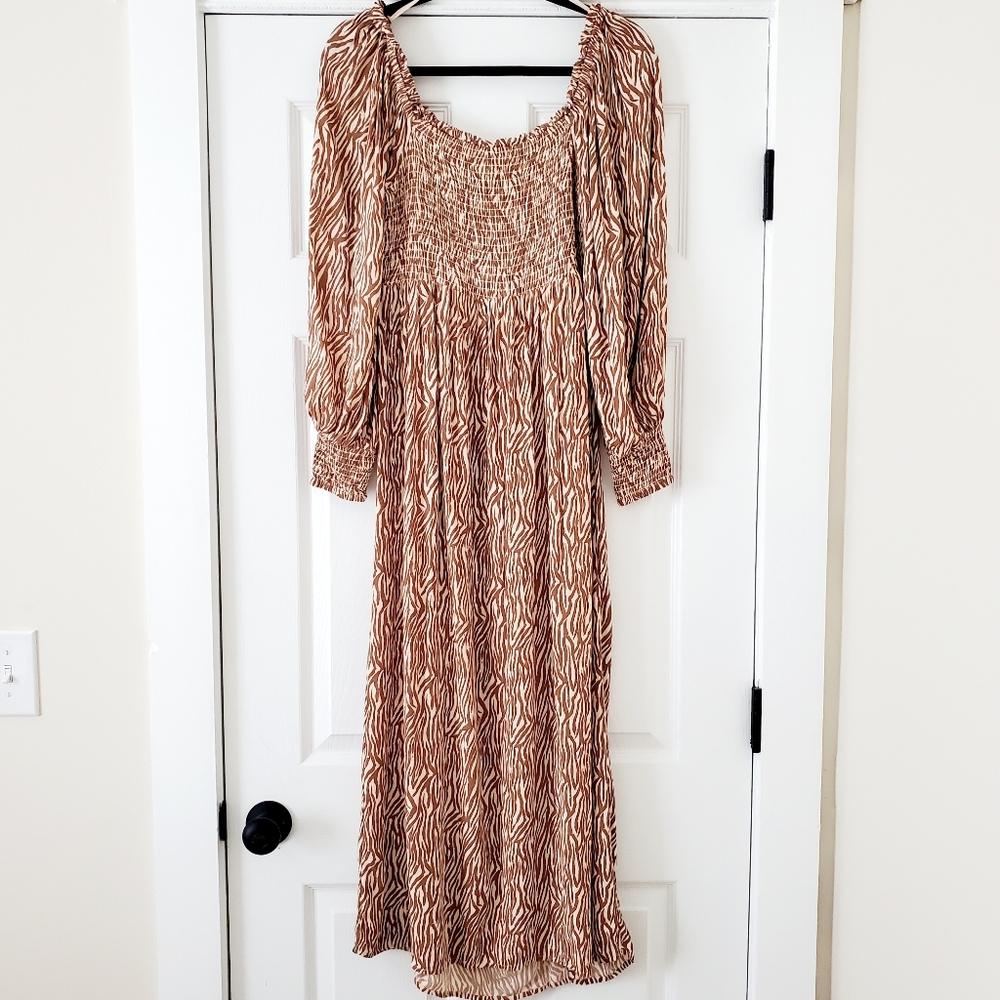 River Island Animal Print Shirred Midi Dress In Brown - Picture 3 of 7